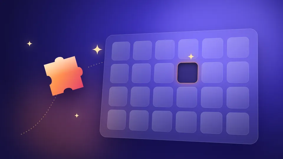 Pièce de puzzle orange brillante qui vole vers l'unique emplacement vide et lumineux d'une grille de tuiles en verre identiques sur fond indigo profond
