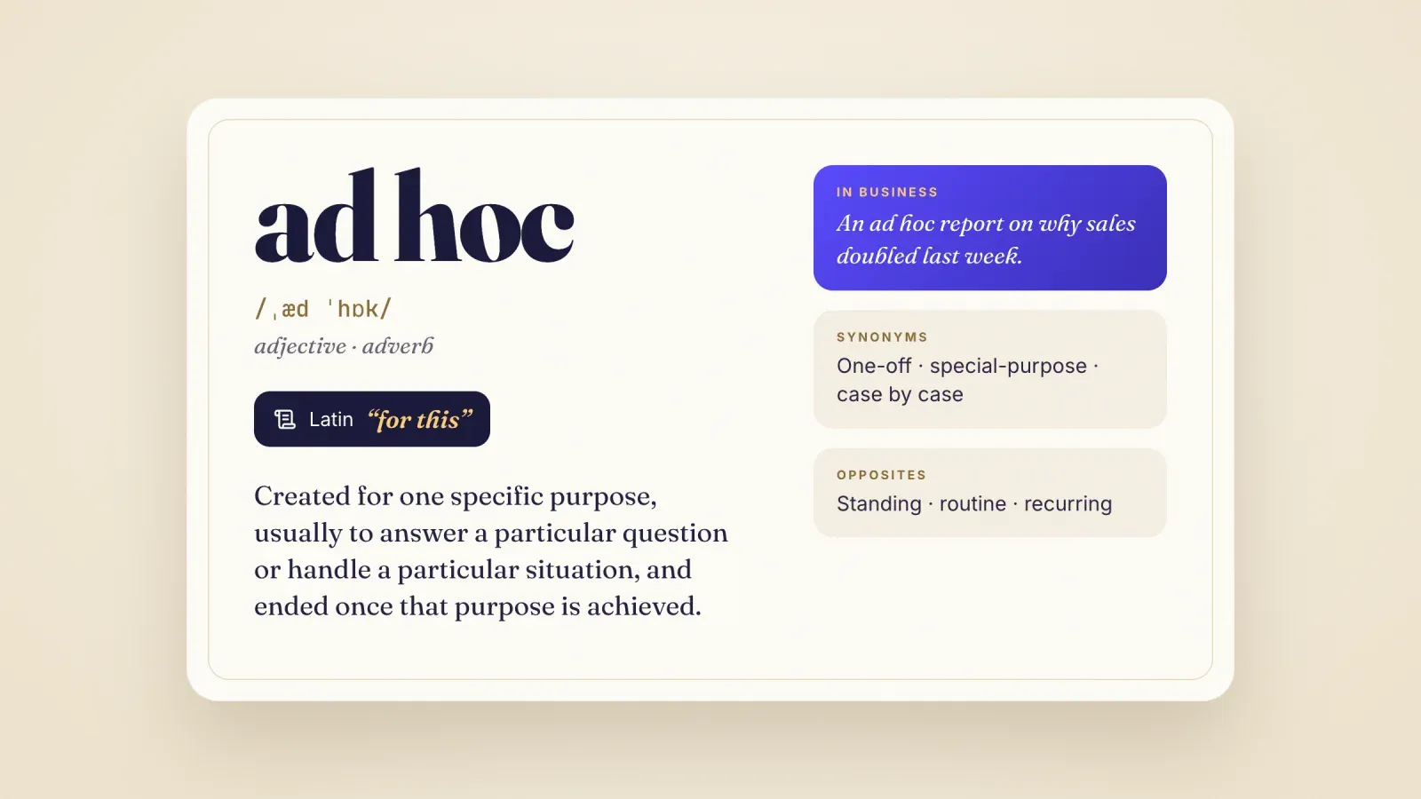Dictionary card for ad hoc with its pronunciation, Latin meaning for this, business definition, an example, synonyms and opposites