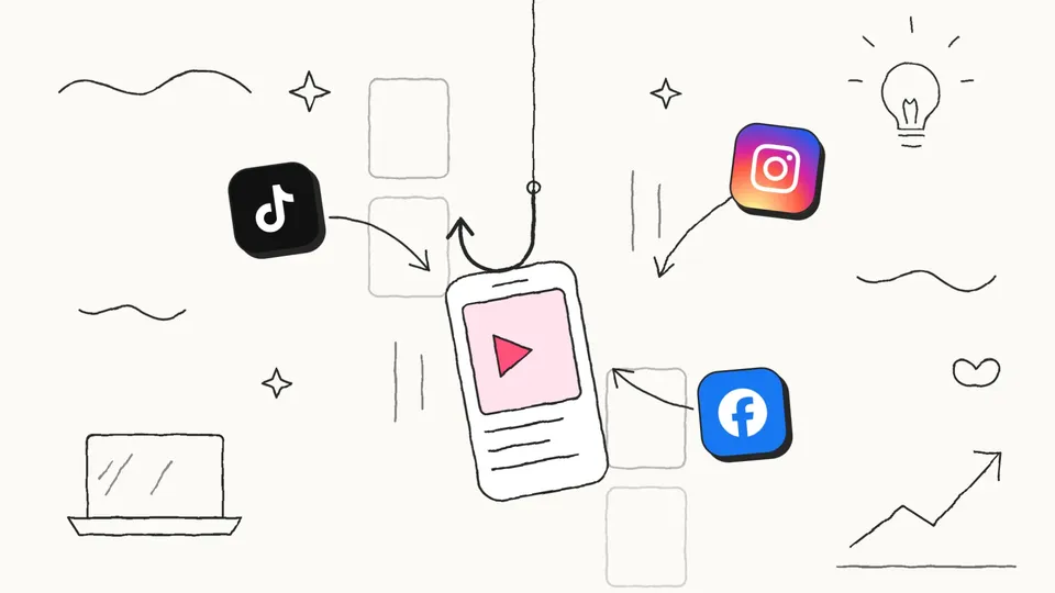 Hand-drawn sketch of a fishing hook pulling a phone with a video ad out of a scrolling feed, with the TikTok, Instagram and Facebook logos pointing at it