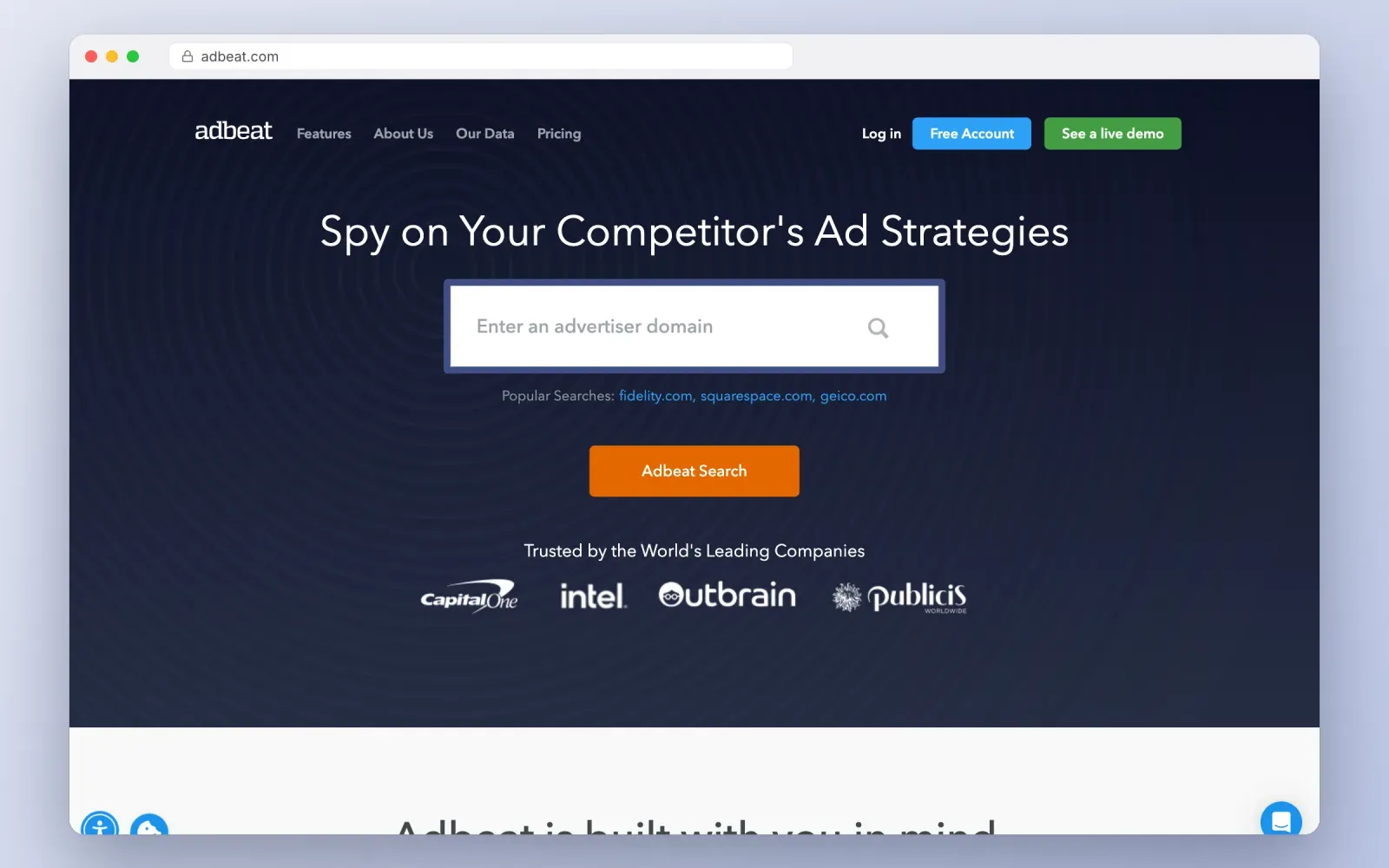 Screenshot of the Adbeat homepage with its advertiser domain search for display and native ad strategies