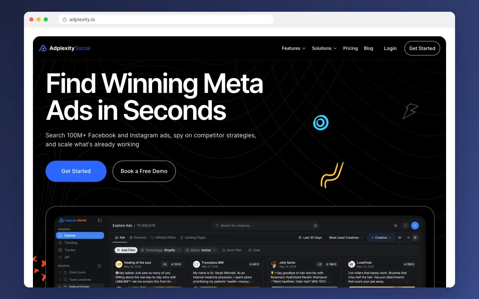 Screenshot of the AdPlexity Social website with its ad explorer filtering Facebook and Instagram ads by technology and status
