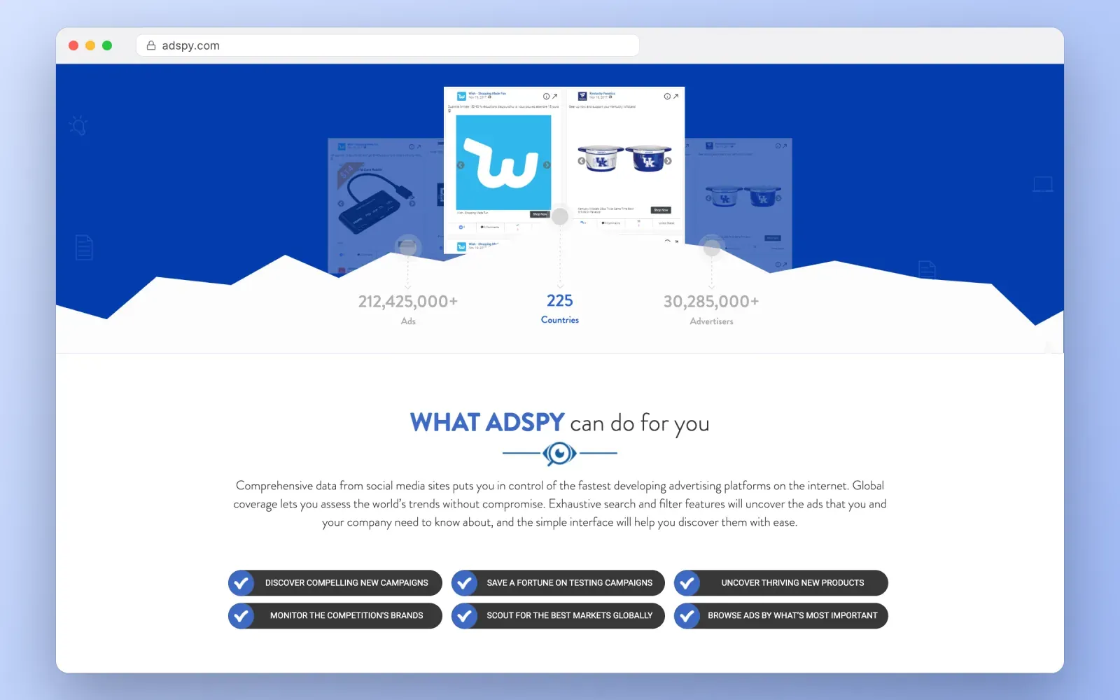 Screenshot of the AdSpy website showing its database of more than 212 million Facebook and Instagram ads in 225 countries