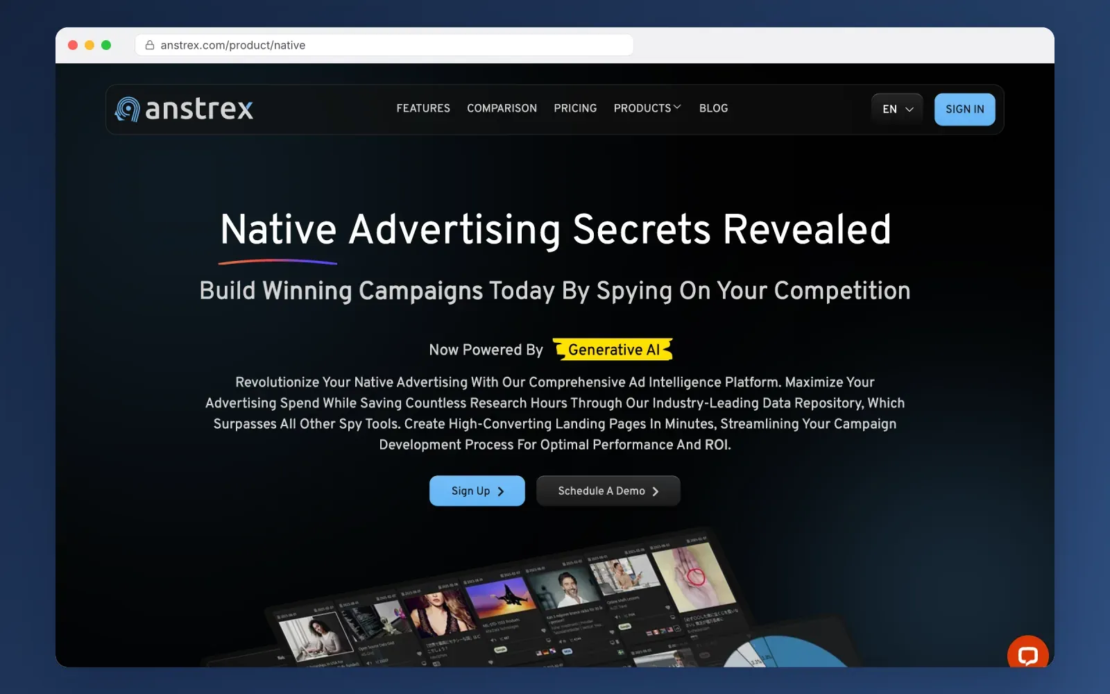 Screenshot of the Anstrex native advertising product page with a preview of native ad creatives