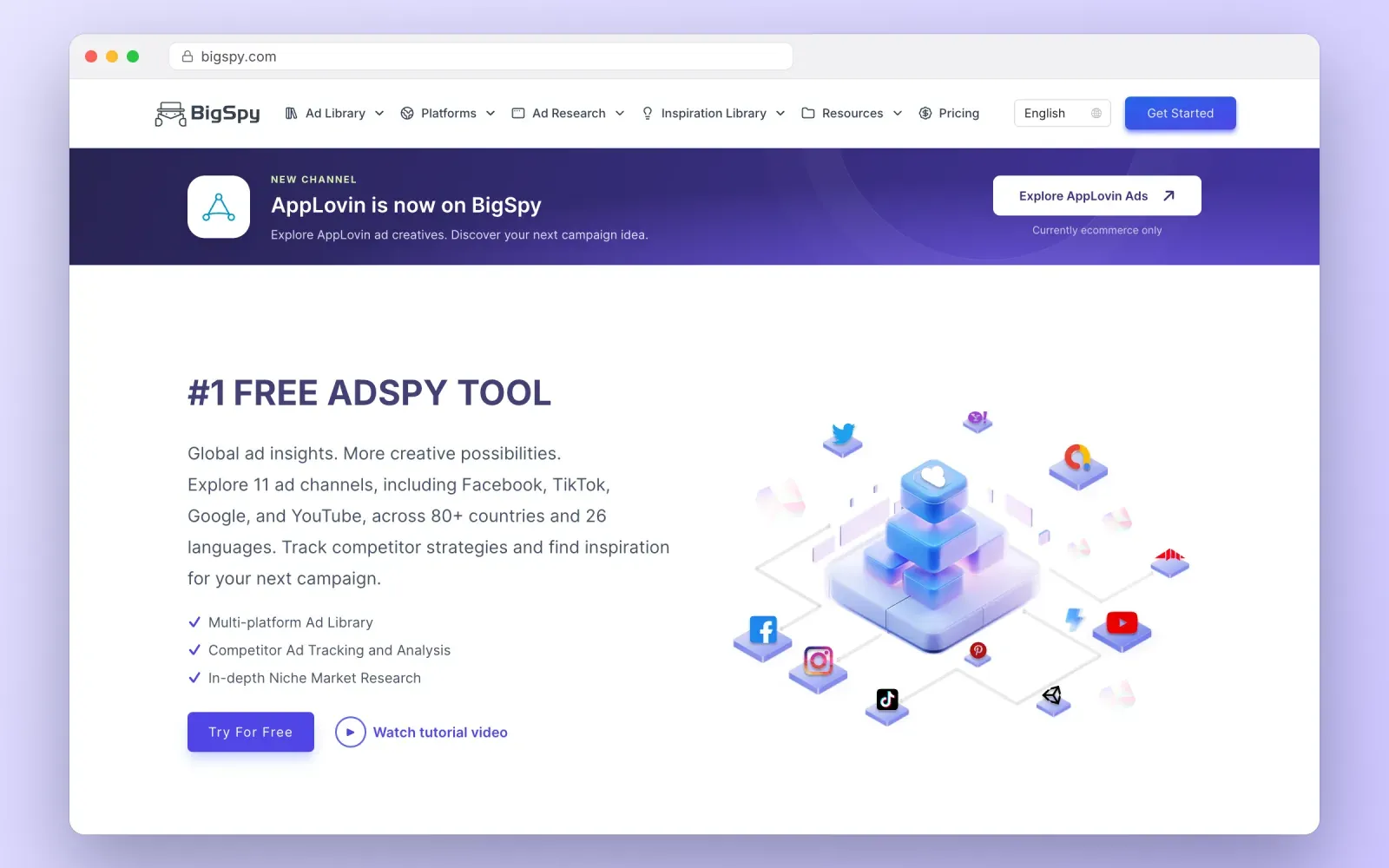 Screenshot of the BigSpy homepage presenting its multi-platform ad library across Facebook, TikTok, Google and YouTube