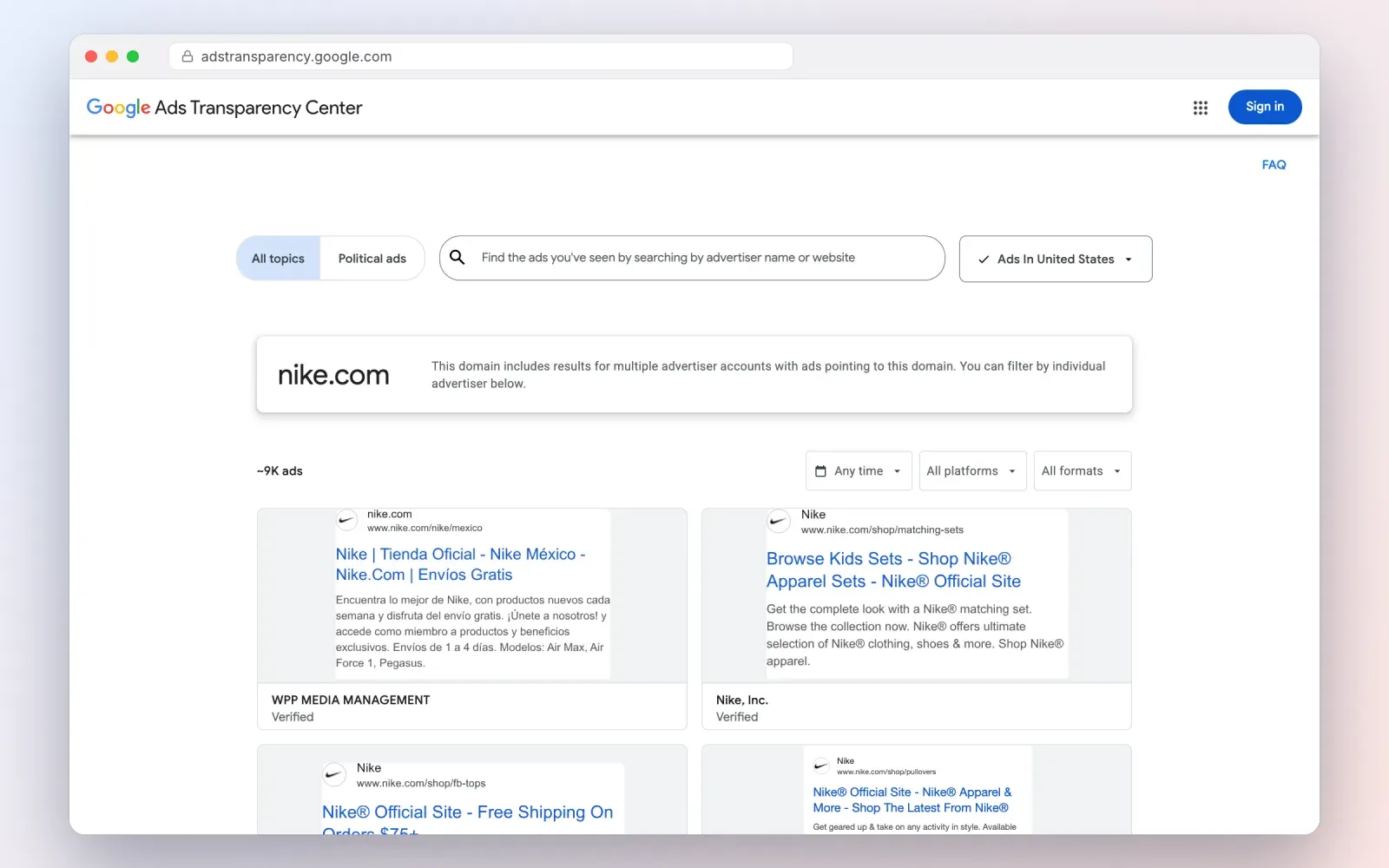 Screenshot of the Google Ads Transparency Center showing search ads pointing to nike.com from several advertiser accounts