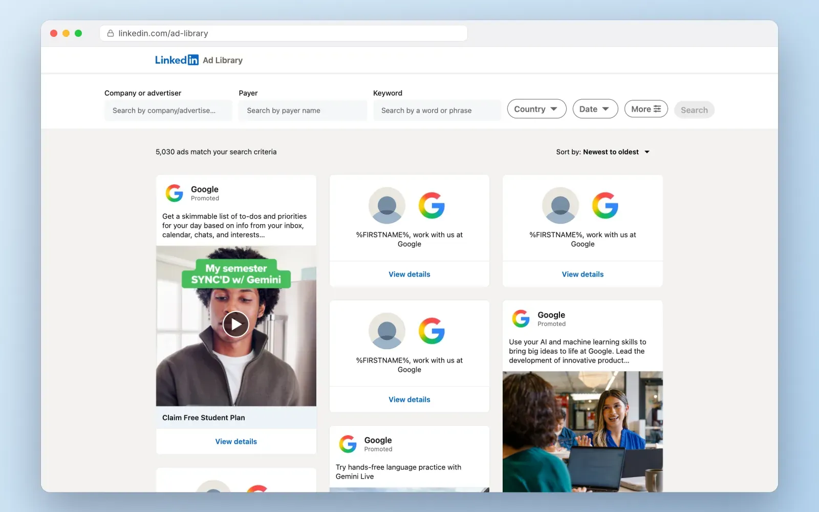 Screenshot of the LinkedIn Ad Library listing Google ads with search fields for advertiser, payer, keyword, country and date
