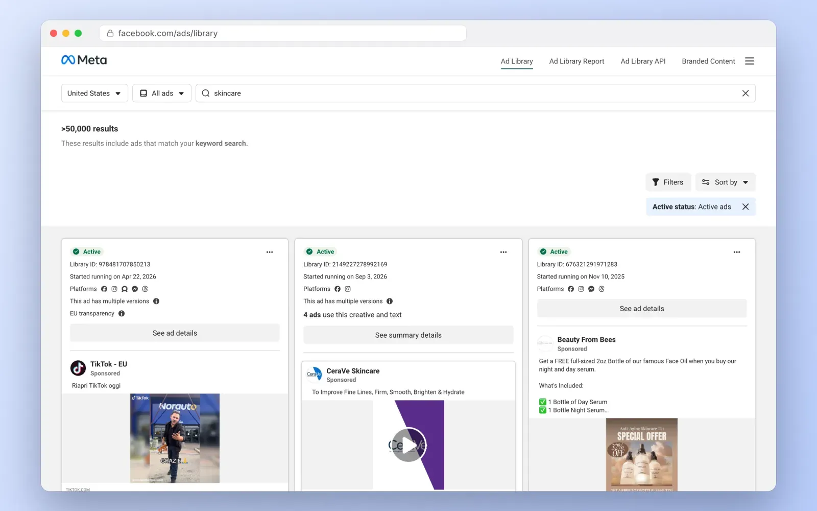 Screenshot of the Meta Ad Library showing active skincare ads in the United States with their start dates, platforms and number of versions