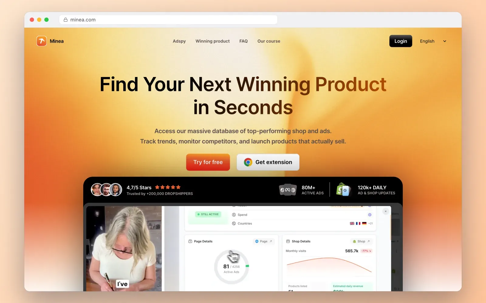 Screenshot of the Minea homepage presenting its winning product search with a shop analytics dashboard