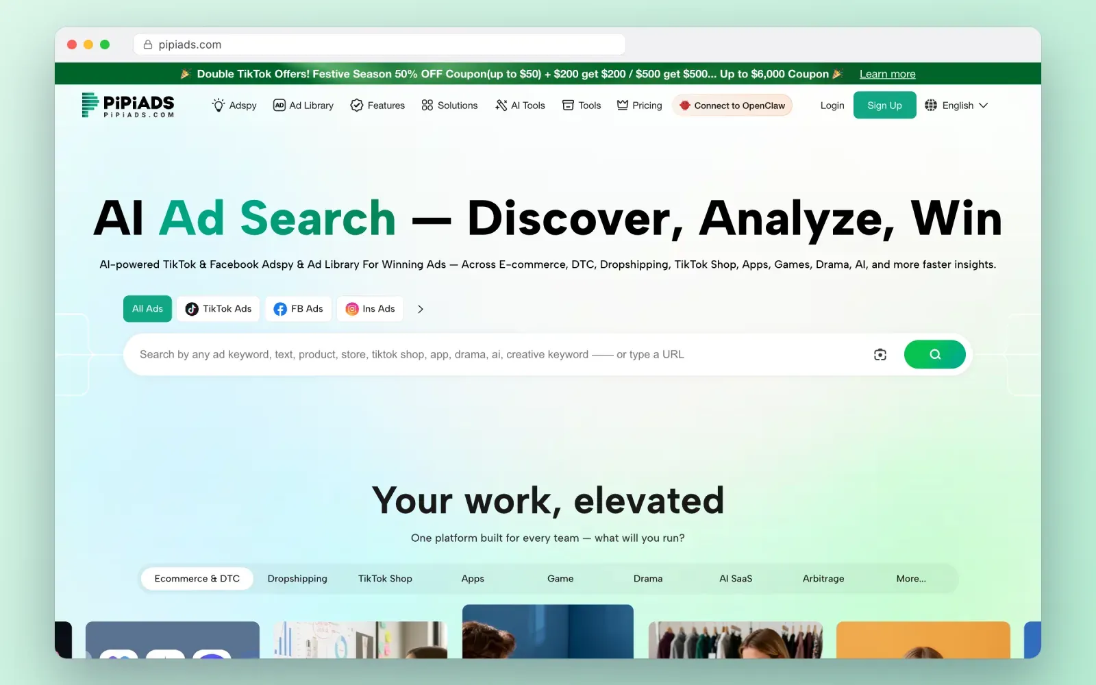 Screenshot of the PiPiAds homepage with its AI ad search bar and filters for TikTok, Facebook and Instagram ads