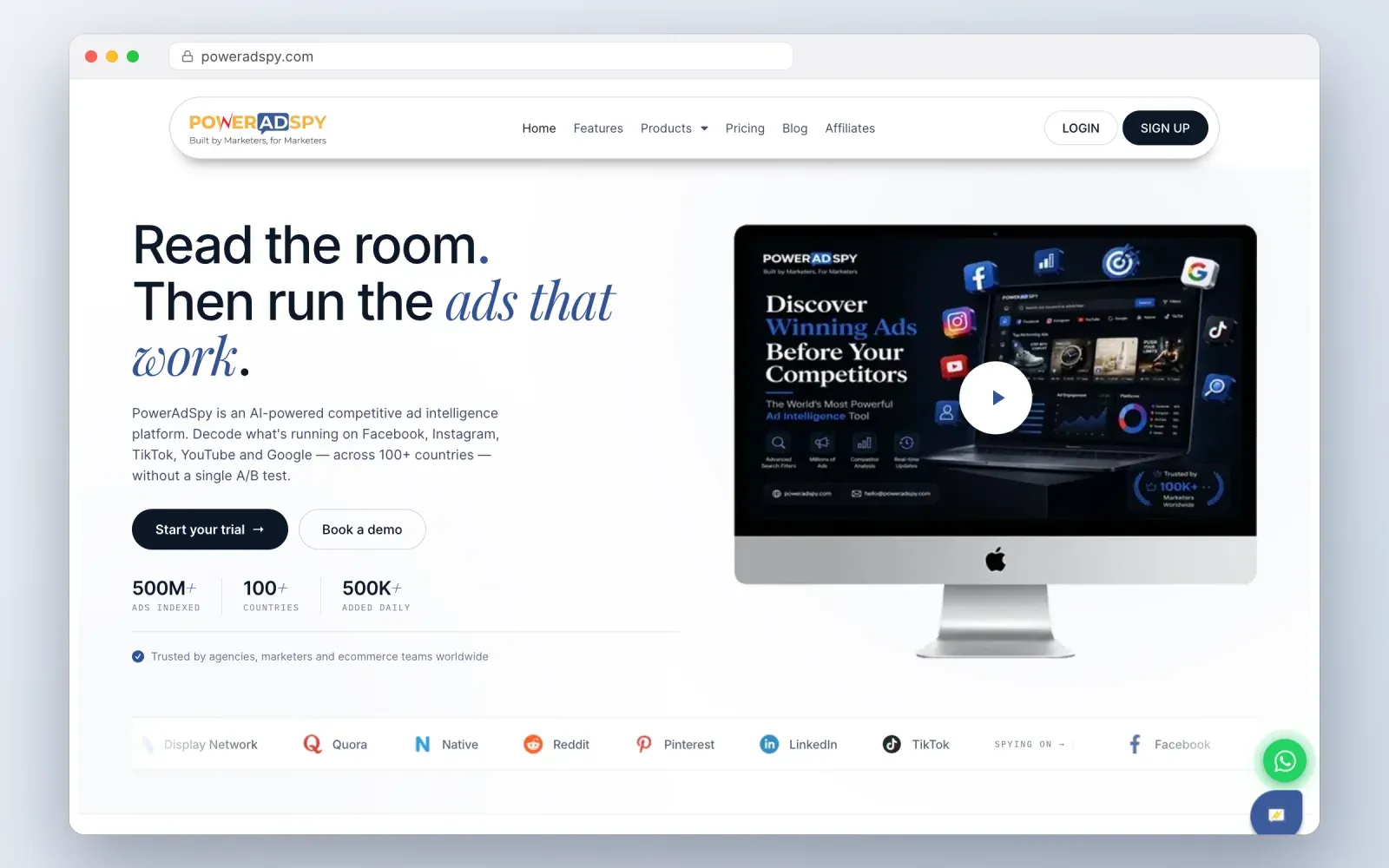 Screenshot of the PowerAdSpy homepage with its dashboard preview and the list of networks it covers