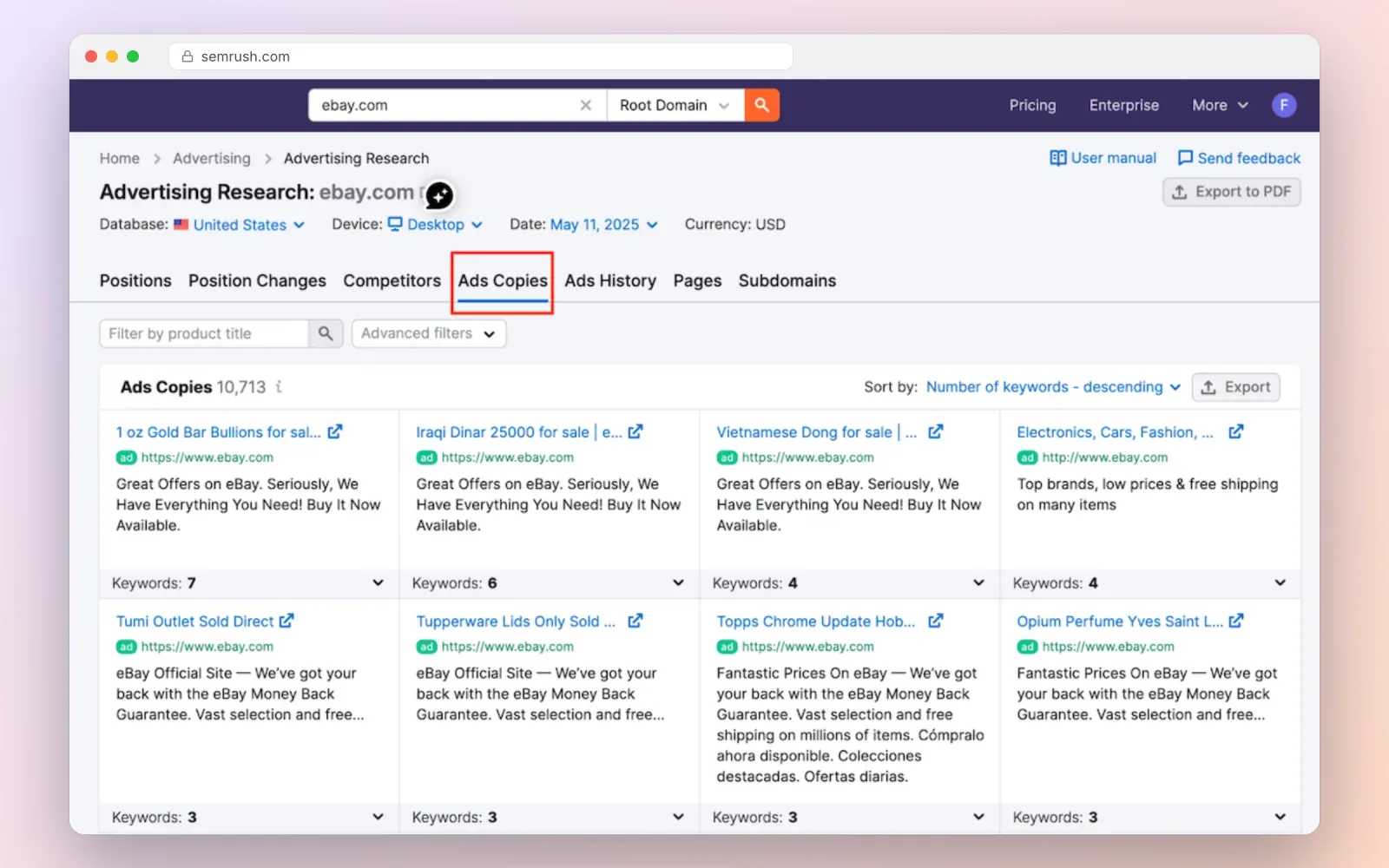 Screenshot of the Semrush Advertising Research Ad Copies report showing Google search ads for ebay.com with their keyword counts