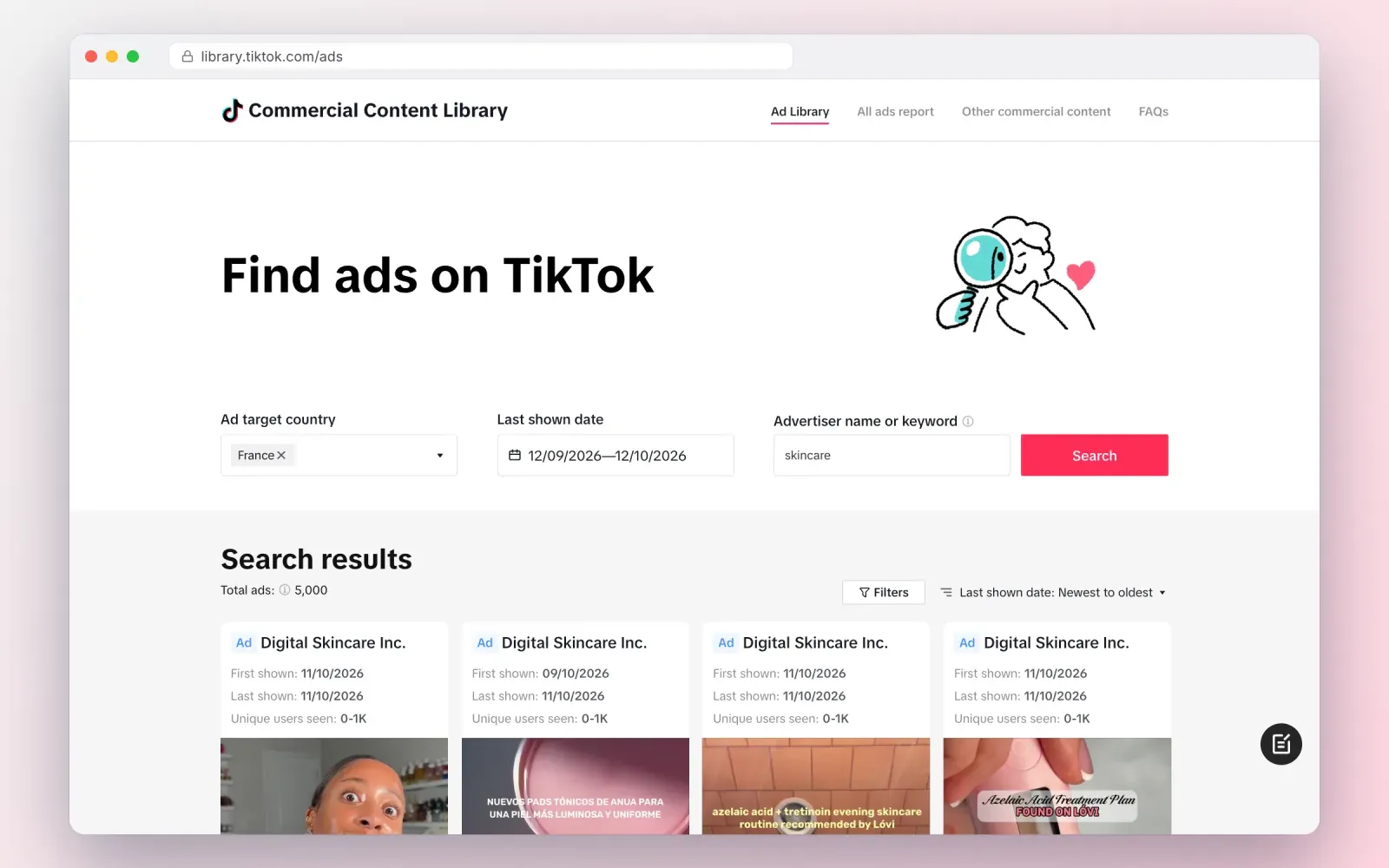Screenshot of the TikTok Commercial Content Library search for skincare ads in France with first and last shown dates