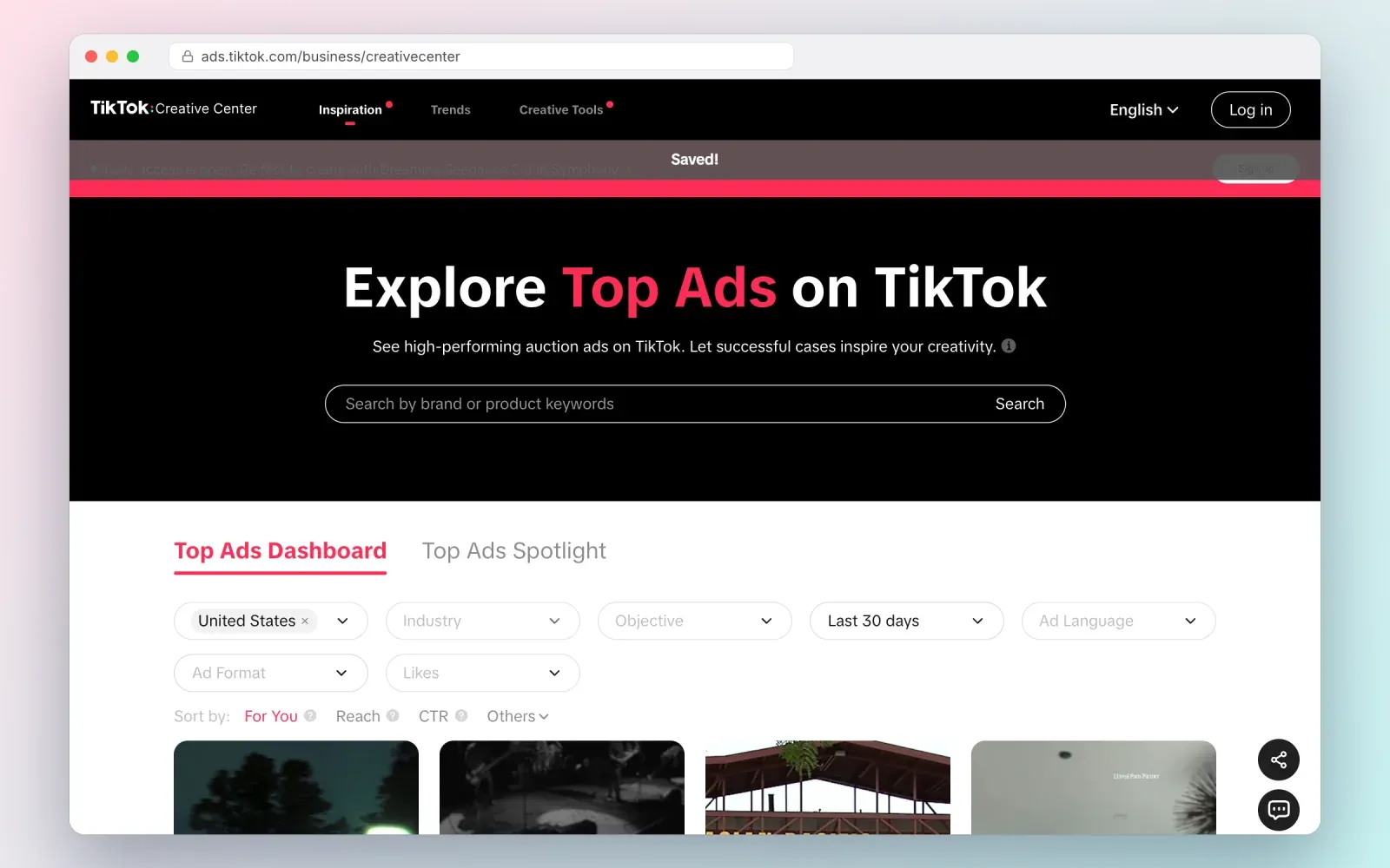 Screenshot of the TikTok Creative Center Top Ads dashboard with filters for region, industry, objective, period and sorting by reach or CTR