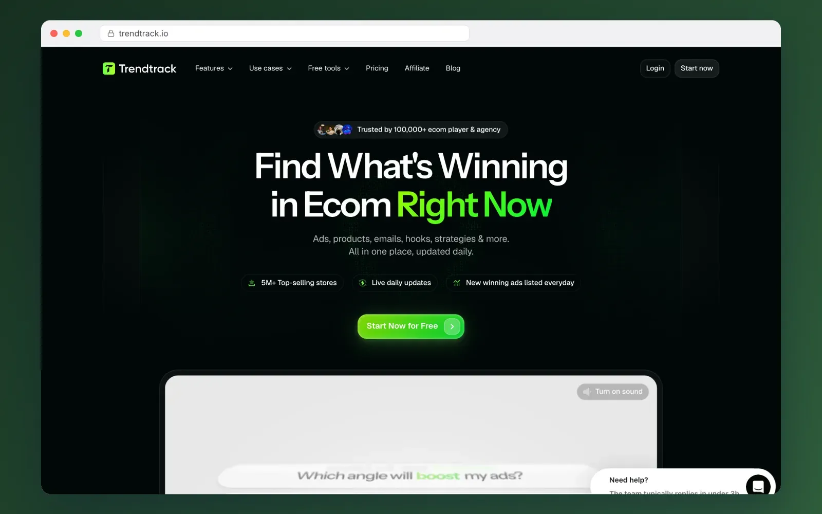Screenshot of the Trendtrack homepage presenting its ecommerce intelligence on ads, products, emails and stores