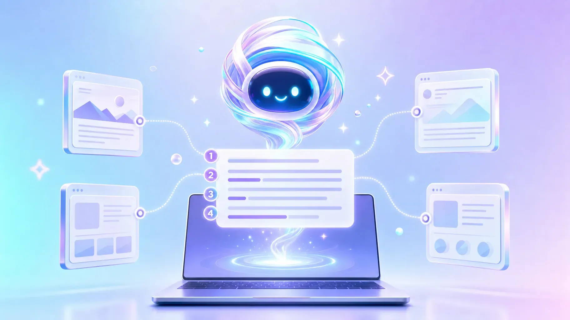 3D AI orb generating an answer card with numbered source citations linked to web pages above a laptop