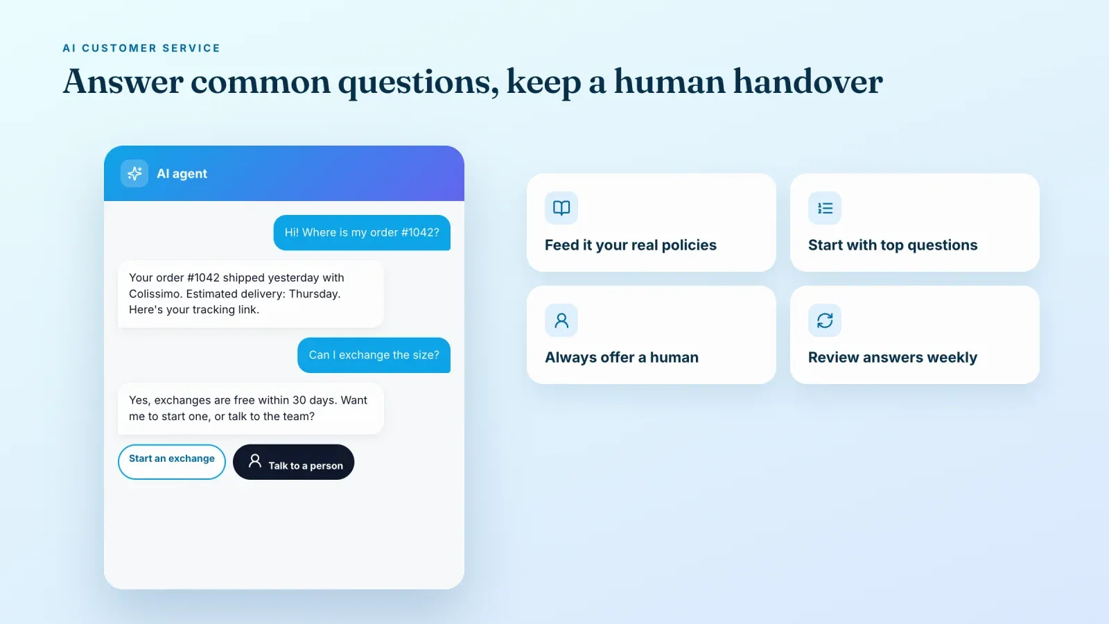 AI chat widget answering an order tracking question and a size exchange, with a button to talk to a person, next to four setup tips