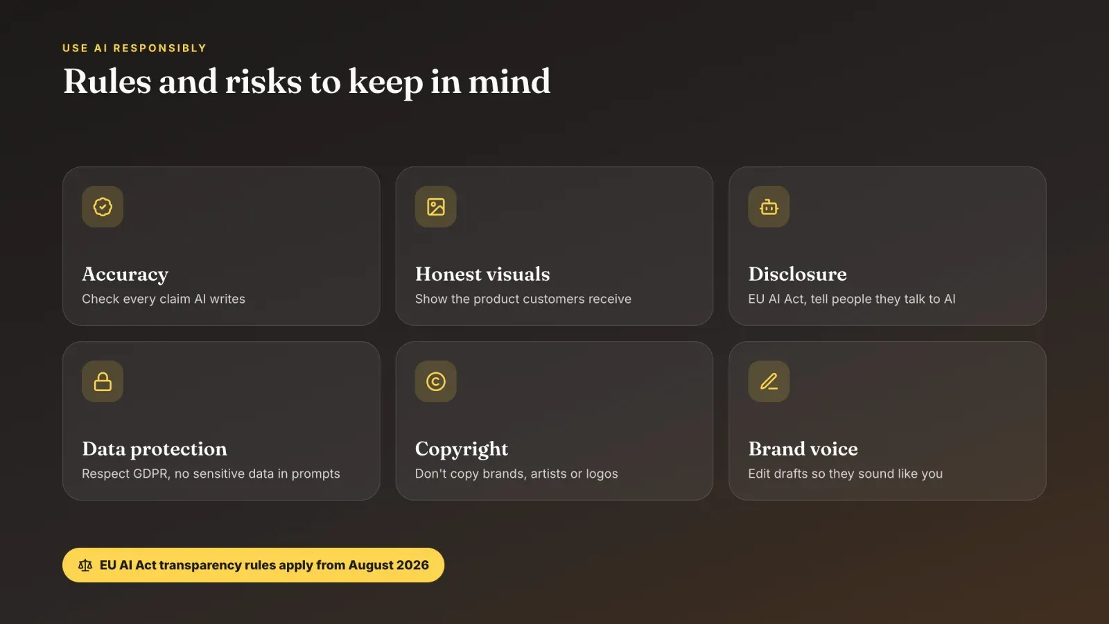 Six rules for using AI in ecommerce, accuracy, honest visuals, disclosure under the EU AI Act, data protection, copyright and brand voice