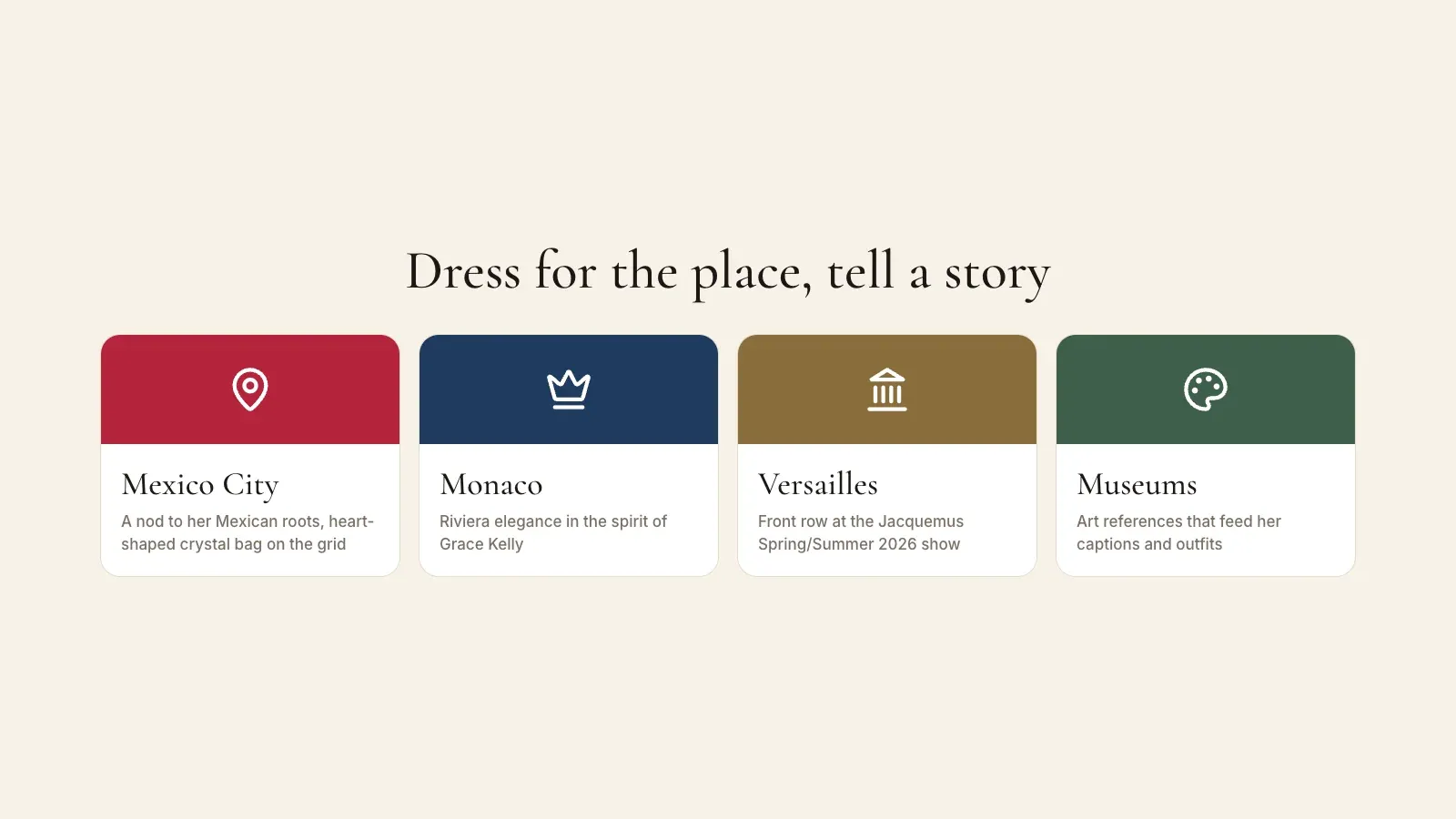 Four location-inspired style moments, Mexico City, Monaco, the Jacquemus show in Versailles and museums
