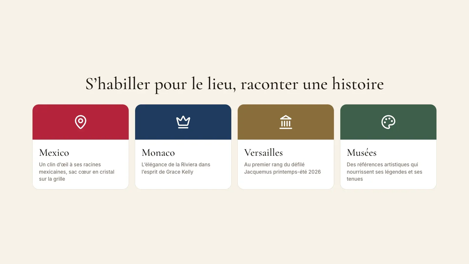 Quatre moments de style inspirés des lieux, Mexico, Monaco, le défilé Jacquemus à Versailles et les musées