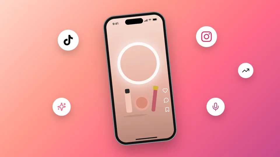 Phone showing a get ready with me video with a ring light and makeup products, surrounded by TikTok, Instagram, podcast and growth icons