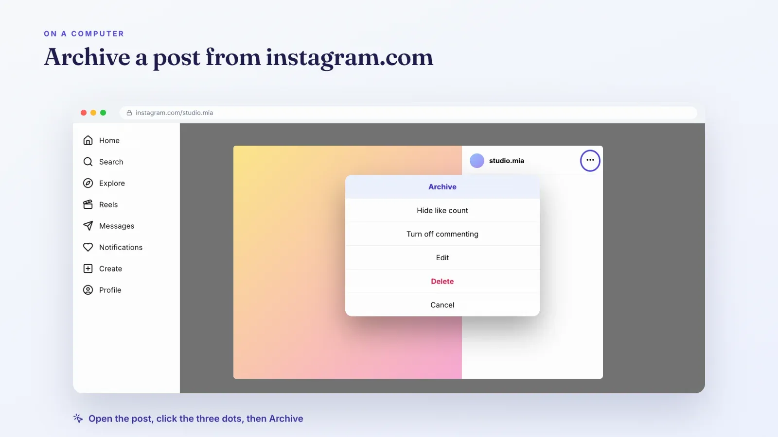 Browser window on instagram.com with a post open and the three dots menu showing Archive at the top