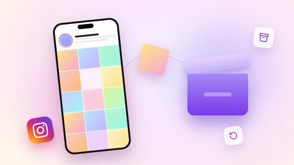Phone showing an Instagram grid with one empty dashed slot, the post floating toward a glossy purple archive box, with the Instagram logo, an archive icon and a restore icon