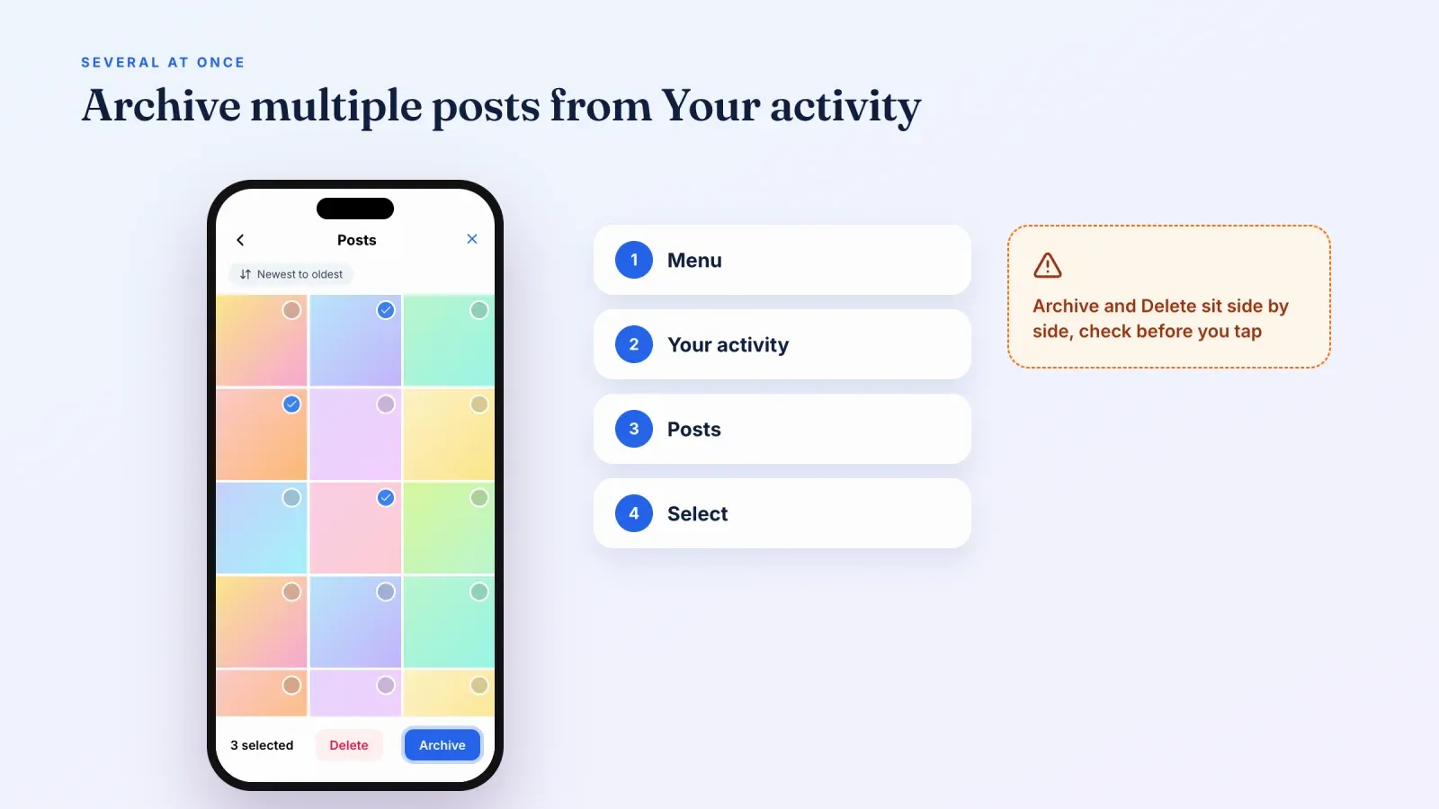 Phone screen in Your activity with three posts selected and Archive and Delete buttons, next to the four steps and a warning to check the button