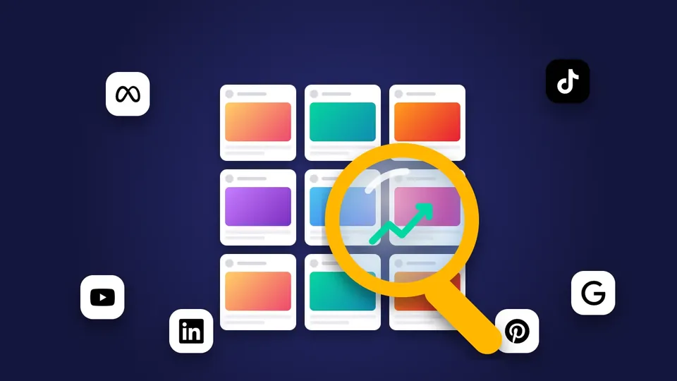 Loupe avec une courbe ascendante au-dessus d'une grille de publicités, entourée des logos Meta, TikTok, Google, YouTube, Pinterest et LinkedIn