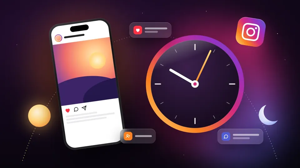 Horloge brillante au cadran dégradé Instagram à côté d’un téléphone affichant une publication Instagram, bulles de notifications en verre, logo Instagram et arc du soleil à la lune du matin au soir