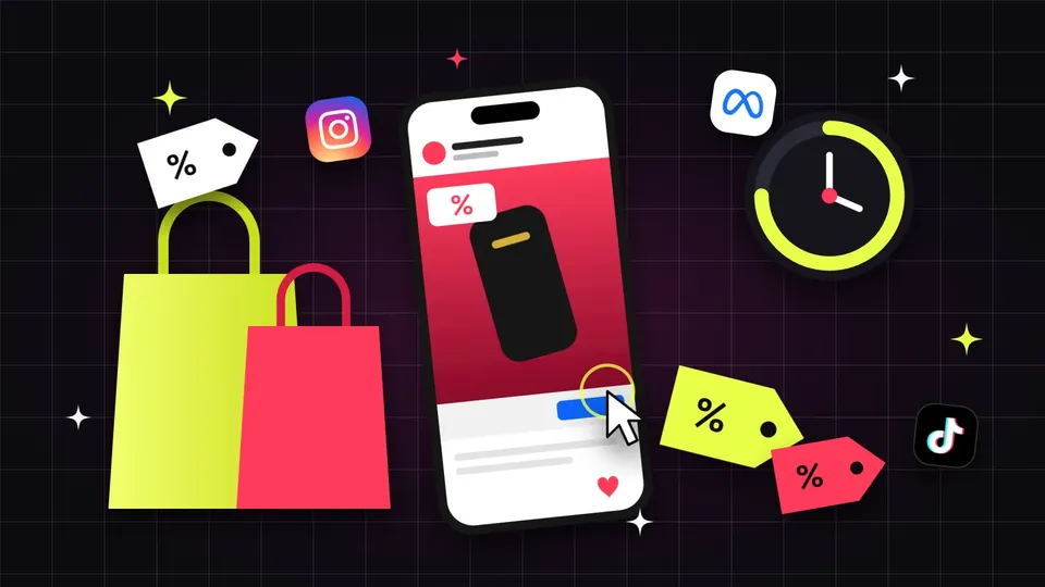 Téléphone affichant une publicité Black Friday rouge sur laquelle on appuie, entouré de sacs de shopping, d'étiquettes de prix en pourcentage, d'un compte à rebours et des logos Instagram, Meta et TikTok