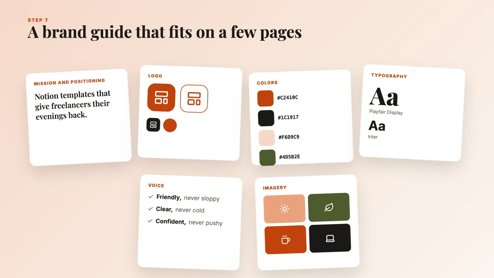 Pages of a short brand guide showing the mission, logo versions, color codes, typography, voice rules and imagery style