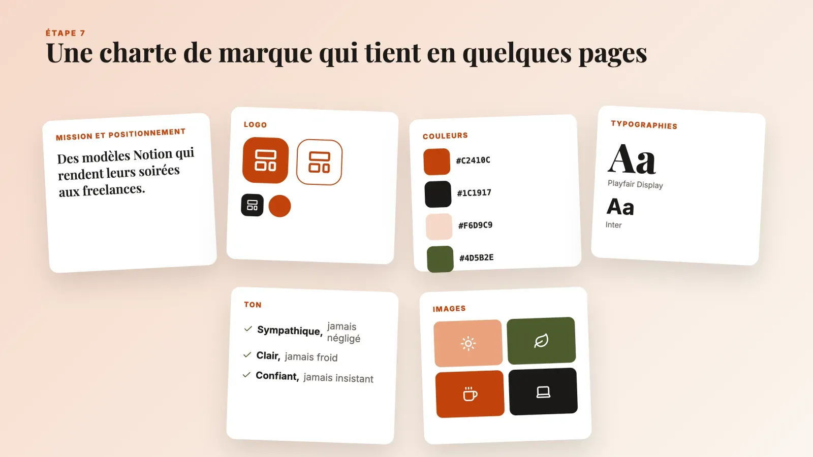 Pages d'une charte de marque courte montrant la mission, les versions du logo, les codes couleur, les typographies, les règles de ton et le style d'images