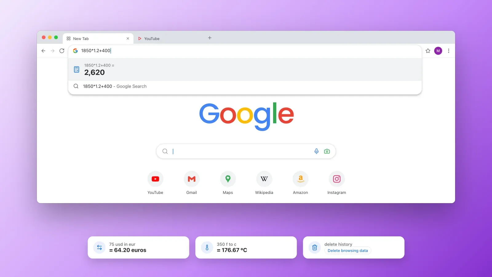 Chrome address bar answering a calculation instantly, next to examples of a currency conversion, a temperature conversion and a delete history action