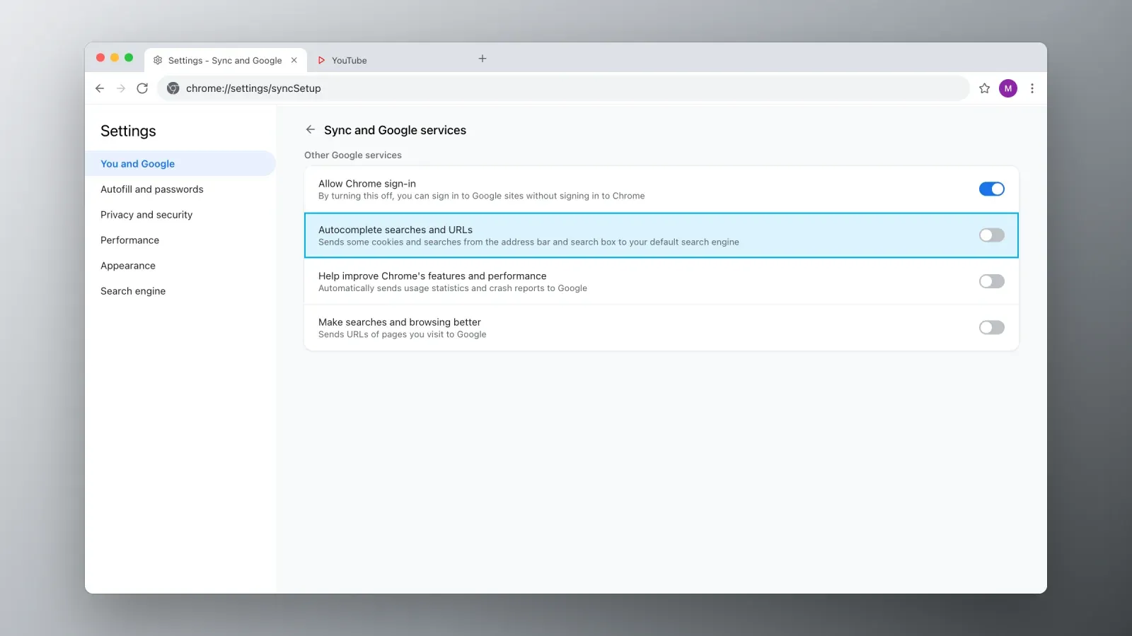 Chrome Sync and Google services settings with the Autocomplete searches and URLs option turned off