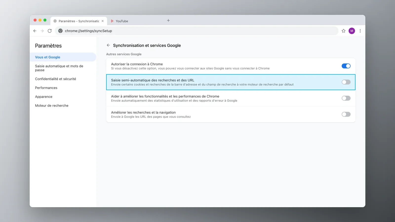 Paramètres Synchronisation et services Google de Chrome avec l'option Saisie semi-automatique des recherches et des URL désactivée