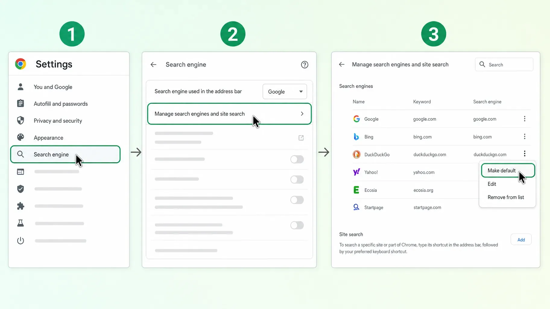 Three steps in Chrome settings to change the default search engine, open Search engine, click Manage search engines and site search, then Make default