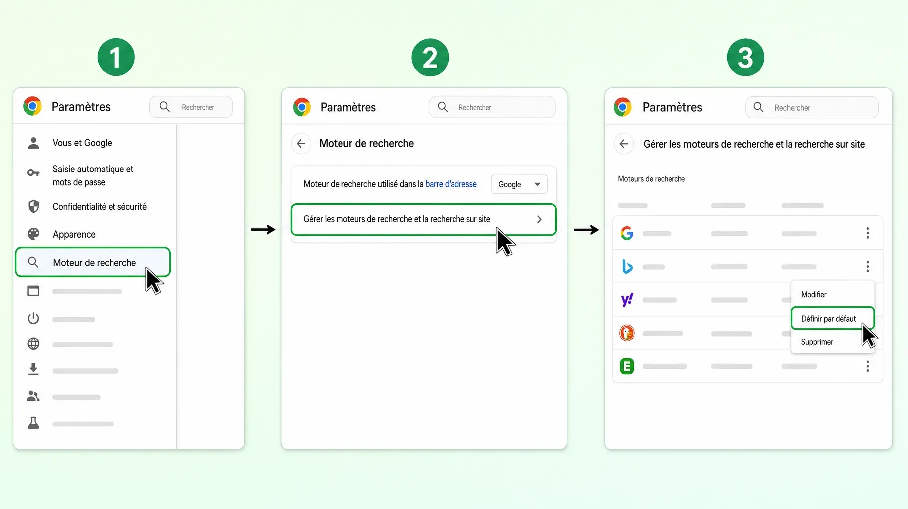 Trois étapes dans les paramètres de Chrome pour changer de moteur par défaut, ouvrir Moteur de recherche, cliquer sur Gérer les moteurs de recherche et la recherche sur site, puis Définir par défaut