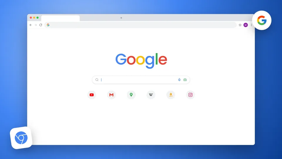 Fenêtre Google Chrome sur la page Nouvel onglet avec le logo Google, un champ de recherche vide et des raccourcis, à côté des icônes Chrome et Google
