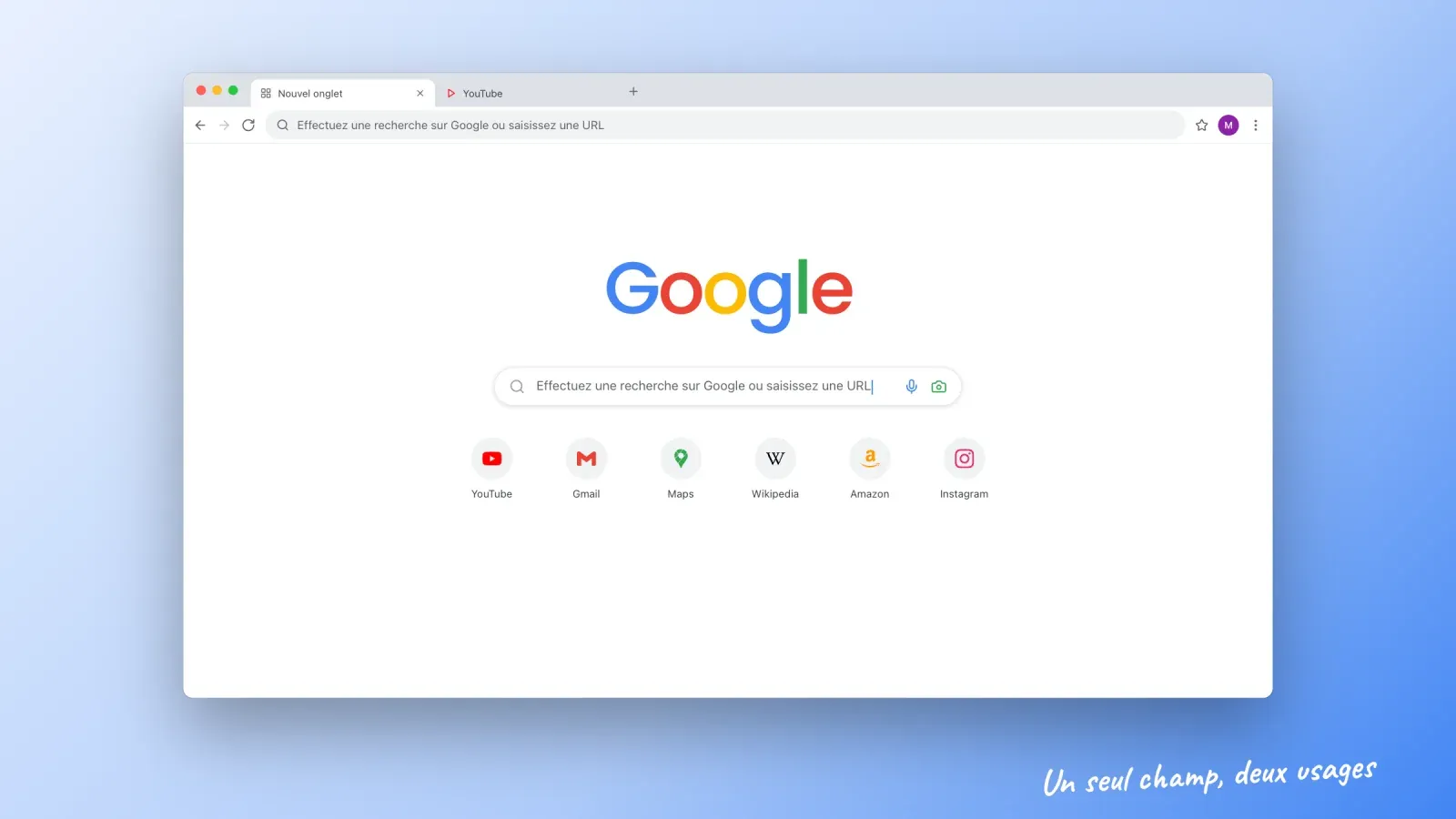 Page Nouvel onglet de Chrome affichant le texte Effectuez une recherche sur Google ou saisissez une URL dans la barre d'adresse et dans le champ sous le logo Google