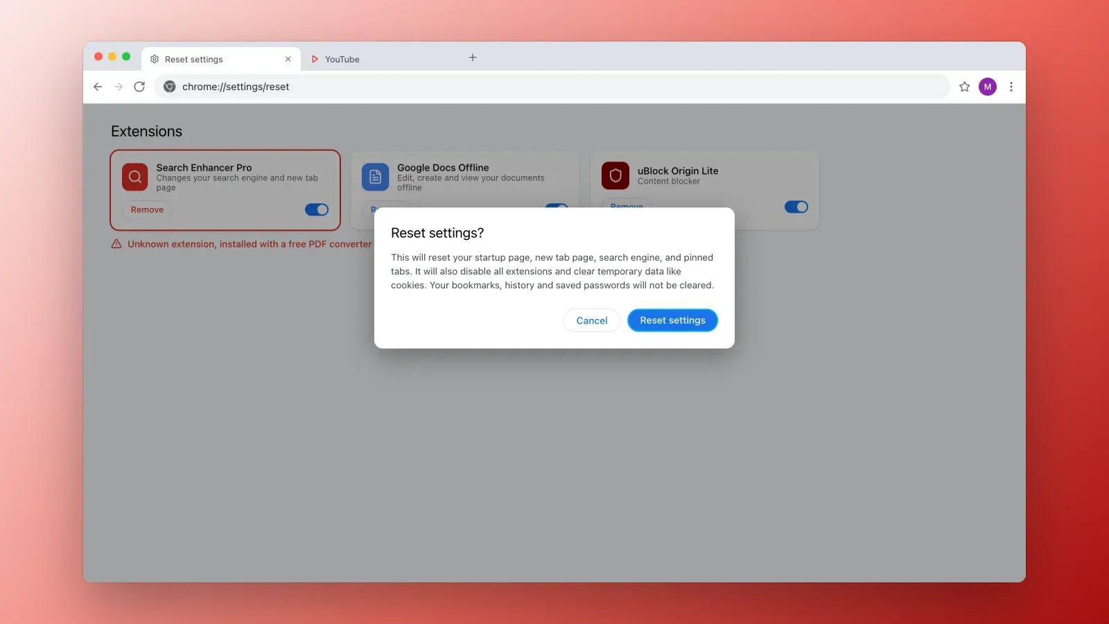 Chrome Reset settings dialog over the extensions list, where an unknown search extension that changed the search engine is flagged