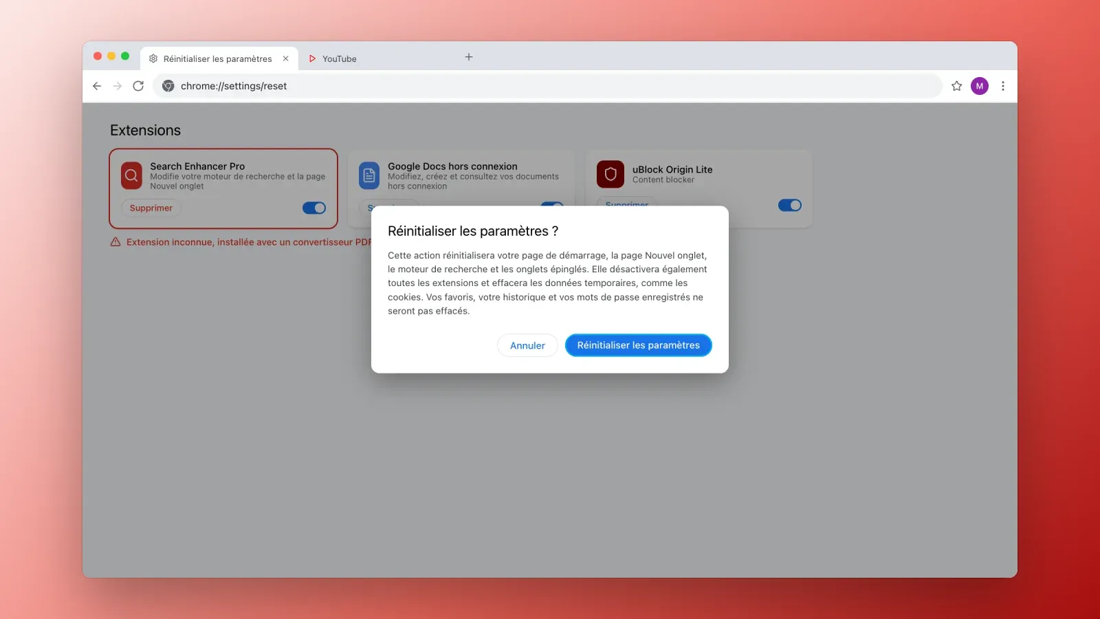 Boîte de dialogue Réinitialiser les paramètres de Chrome au-dessus de la liste des extensions, où une extension de recherche inconnue qui a modifié le moteur de recherche est signalée