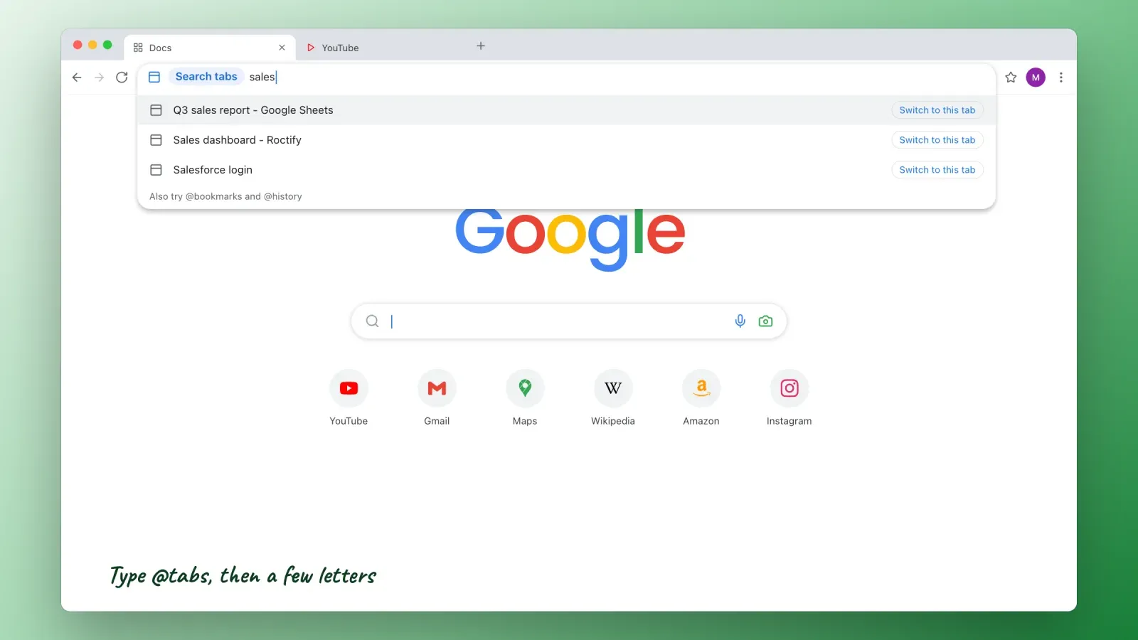 Chrome address bar in tab search mode listing open tabs that match sales, each with a Switch to this tab button