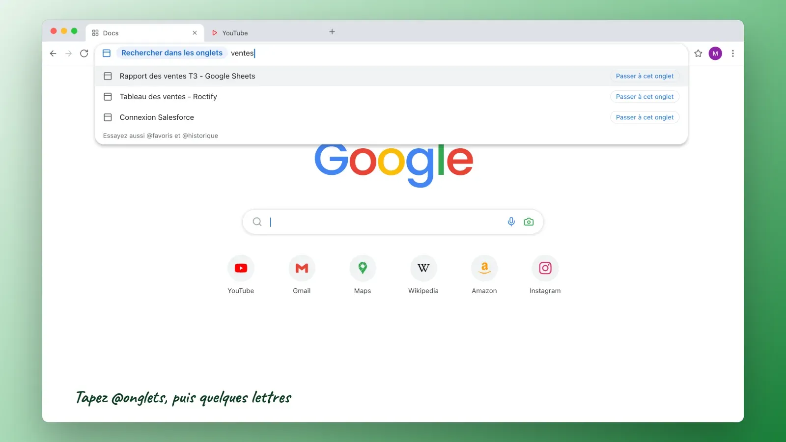 Barre d'adresse Chrome en mode recherche dans les onglets, listant les onglets ouverts correspondant à ventes avec un bouton Passer à cet onglet