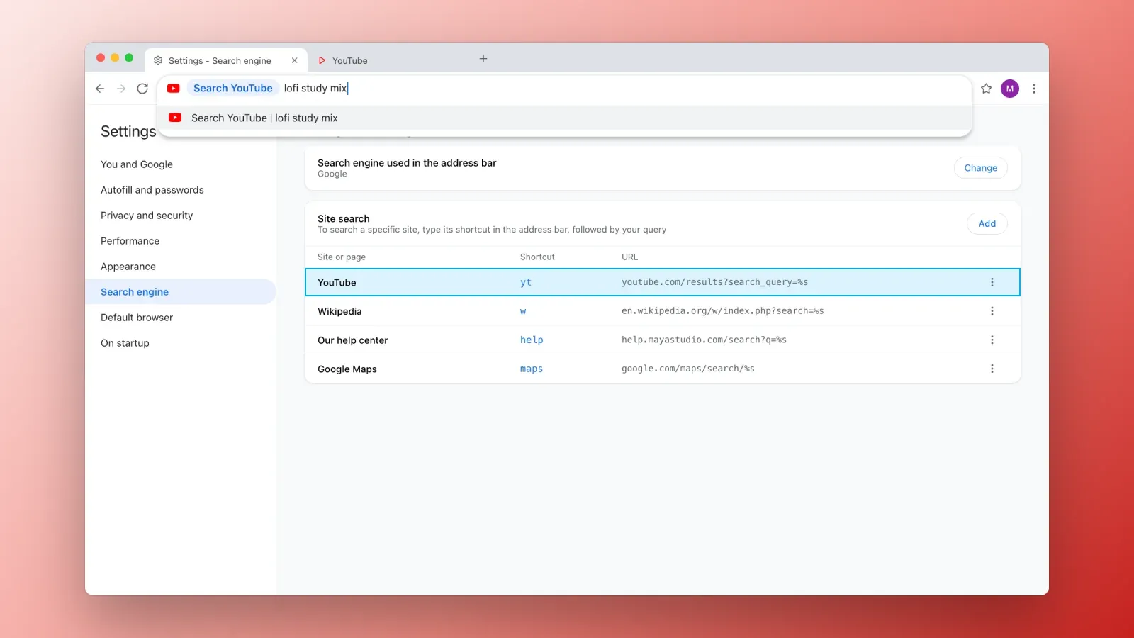 Chrome site search settings with shortcuts for YouTube, Wikipedia, a help center and Google Maps, while the address bar searches YouTube directly