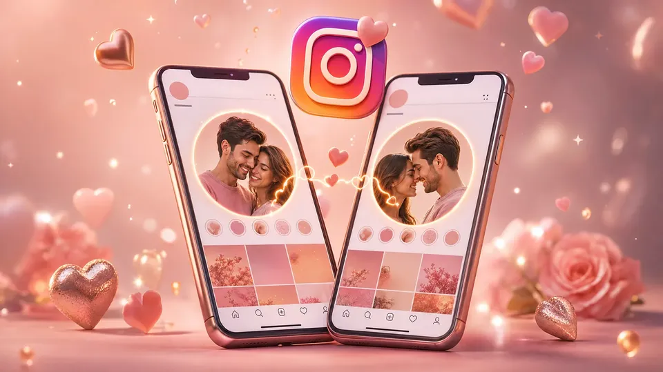 Two phones leaning together with Instagram profiles of a smiling couple, linked by glowing hearts under an Instagram logo