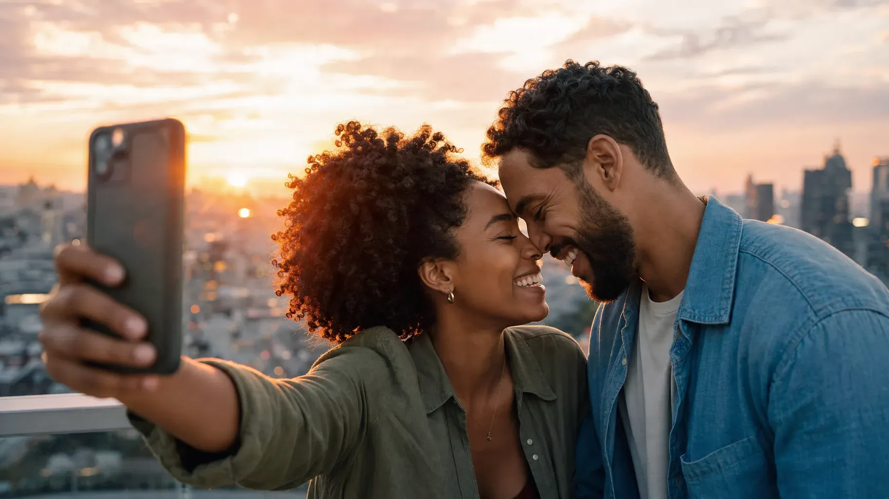 Happy couple leaning foreheads together and taking a selfie on a rooftop at sunset above the city