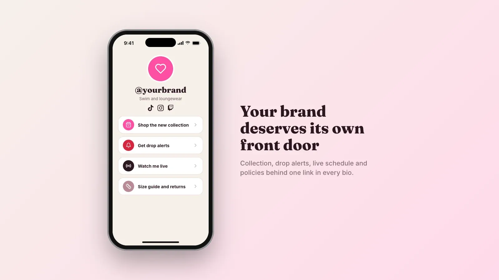 Phone showing a creator brand link-in-bio page with the new collection, drop alerts, a live link and a size guide