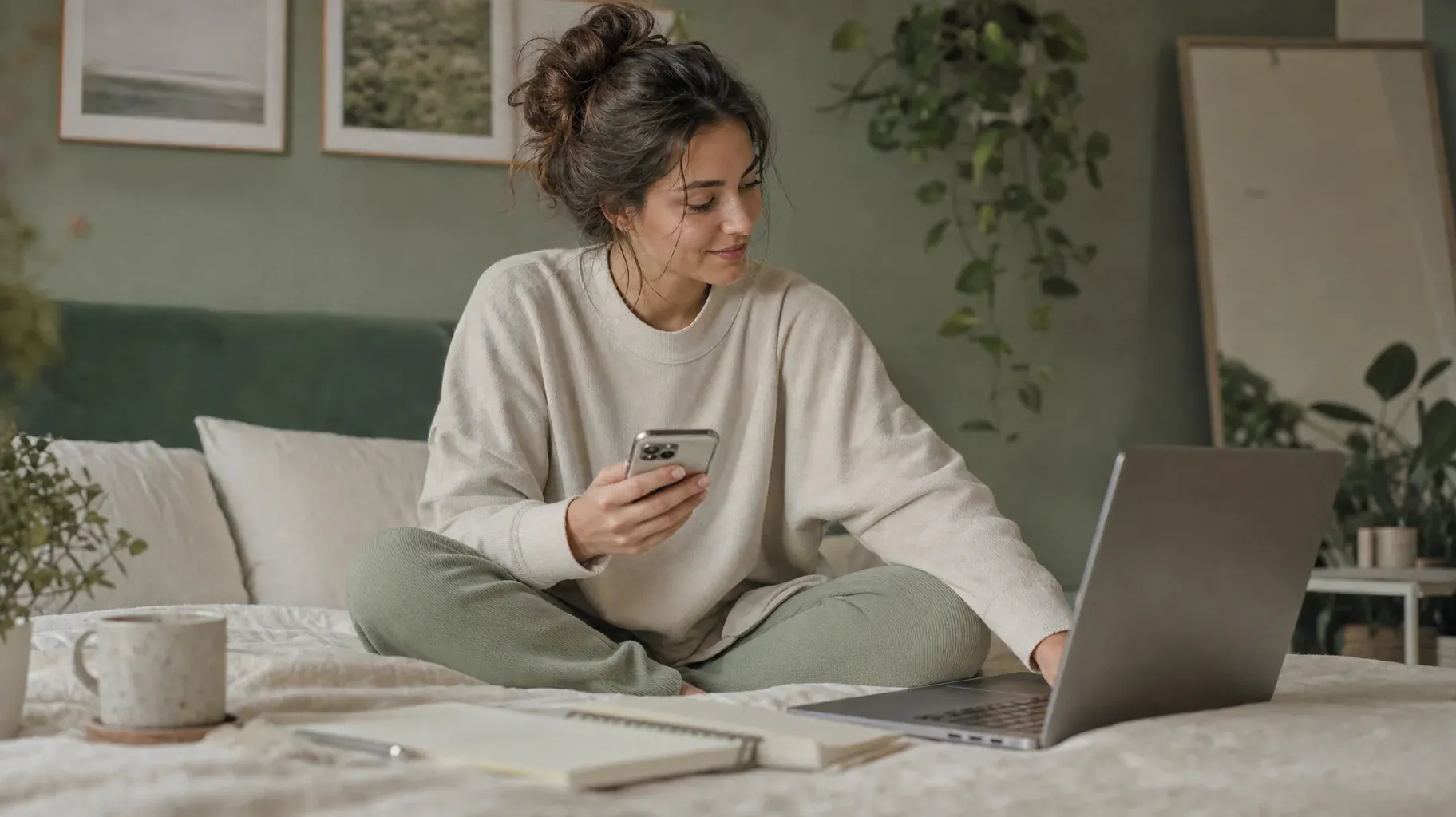 Créatrice assise sur son lit comparant sa page lien-en-bio sur son téléphone avec son site sur son ordinateur