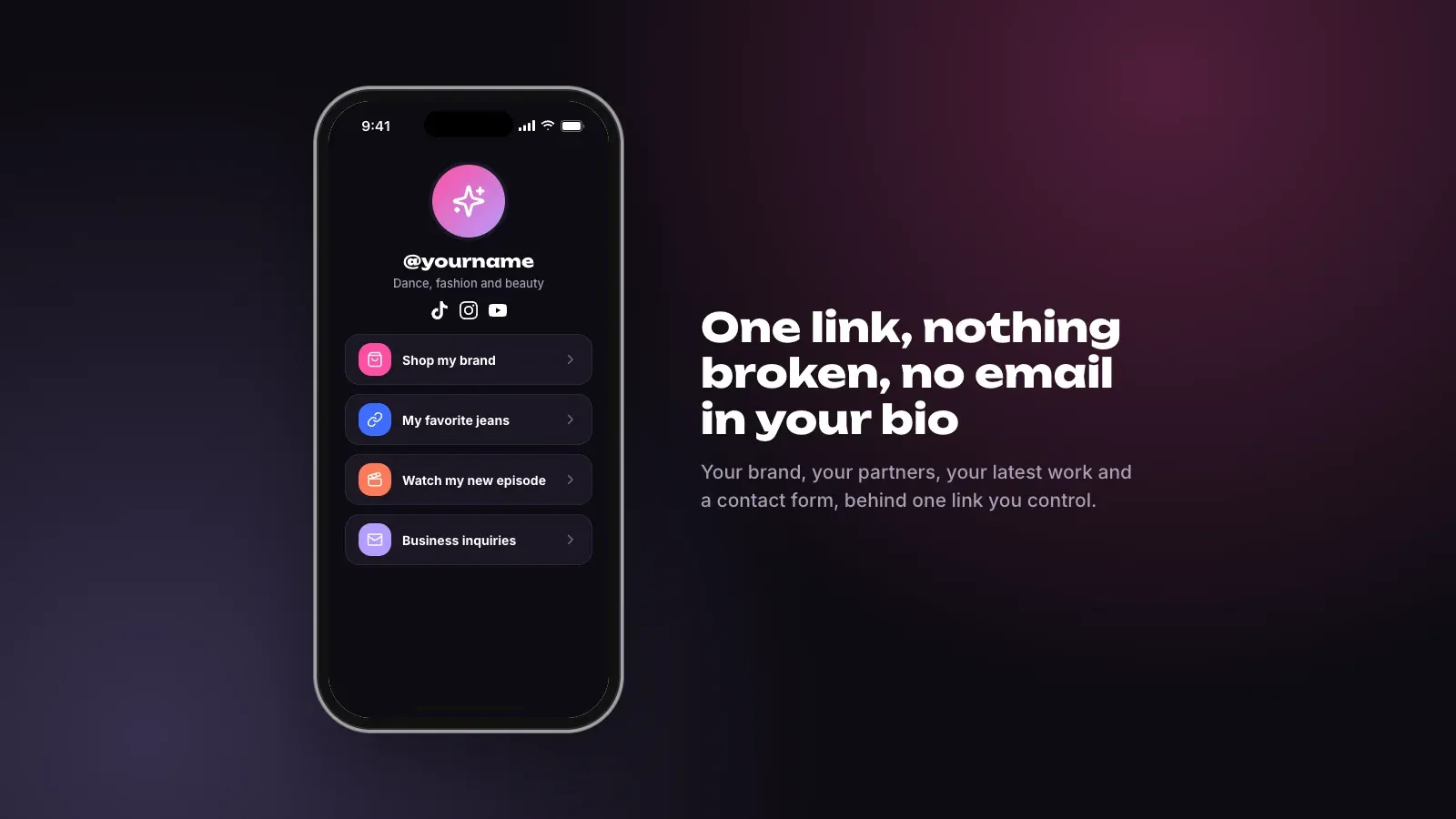 Phone showing a dark creator link-in-bio page with links to her brand, favorite jeans, latest episode and a business inquiries form