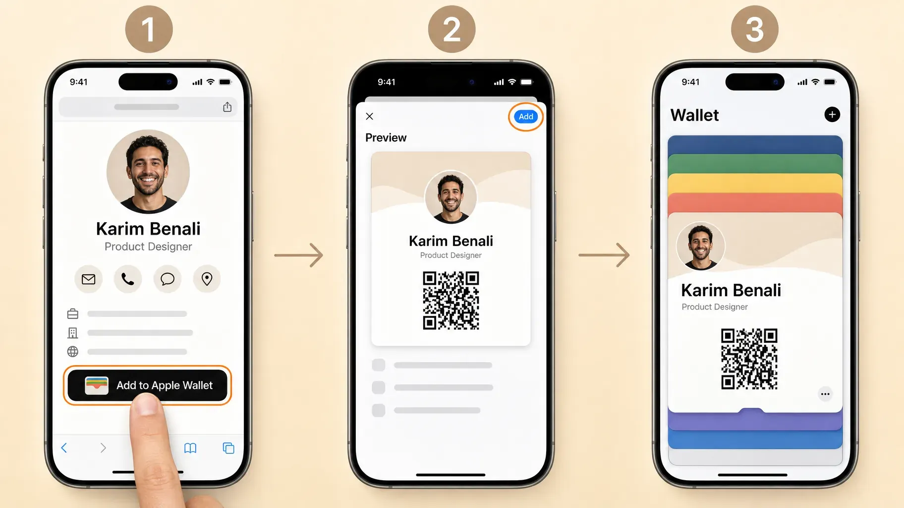 Three steps to save a digital business card in Apple Wallet, tap Add to Apple Wallet, tap Add on the preview, then open the pass with its QR code